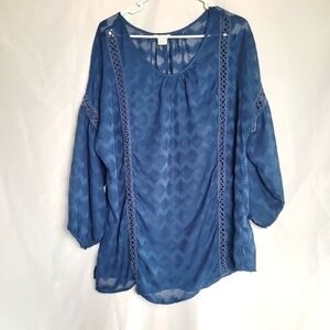 Ariat Blue Sheer Zig Zag Print 3/4 Sleeve Blouse Tunic Top Women's Size XXL